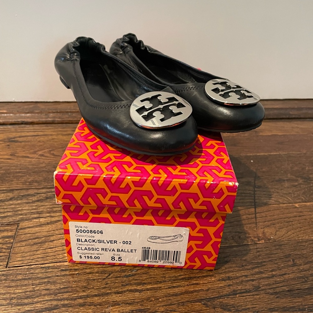 Tory Burch Womens Classic Reva Ballet Flat Leather Black/Silver 8.5 WORN 1X